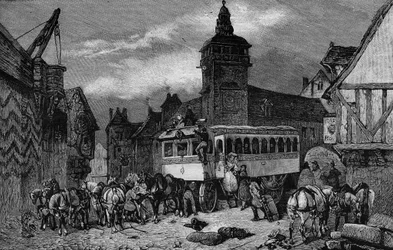 Die Omnibusse von Paris im 19. Jahrhundert: das Auto hat 60 Sitze - Gravur von 1892