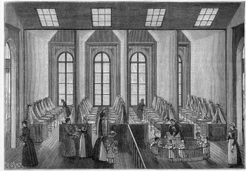 Die Krippen: Kinderkrippe und Kindergarten von Guise (Aisne, 02). Innenansicht des Hauptraums. Gravur in „La Nature: revue des sciences et de leurs applications aux arts et a l