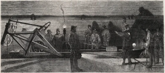 Die Abwasserkanäle von Paris: ein „Spülboot“ zur Reinigung des Sammelkanals - Gravur aus „Le Monde Illustré“