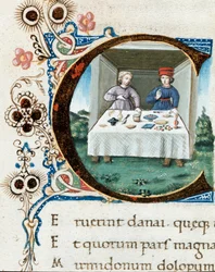 Initiale C verziert mit einem Paar am Tisch. Miniatur aus den Bucolica (Eglogues) von Vergil (Publius Vergilius Maro) (70-19 v. Chr.) (ms.IV E.12) - 15. Jahrhundert Neapel, Biblioteca Nazionale
