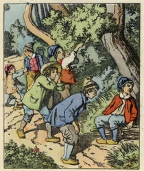 Der kleine Däumling und seine Brüder, die von ihren Eltern im Wald ausgesetzt wurden. Illustration des Märchens „Der kleine Däumling“ von Charles Perrault