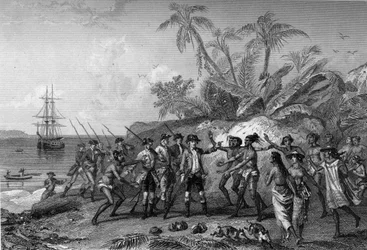 Louis Antoine Comte de Bougainville, französischer Seefahrer (1729-1811), nähert sich den Inseln der Marquesas in Tahiti, 6. April.