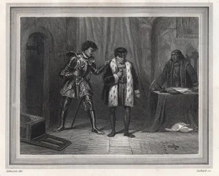 Ludwig XI. Gefangener von Karl dem Kühnen, Herzog von Burgund - König von Frankreich Ludwig XI. (König 1461-1483) trifft seinen Gegner Karl den Kühnen, Herzog von Burgund, 1467-1477 in Péronne im Oktober 1468, Zeit der Ligue du Bien Public - Französischer 