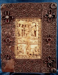 Unteres Gericht des Psalters von Karl dem Kahlen (Karl II.): Elfenbeinminiatur, die zeigt, wie Nathan das Kind tötet, das aus der ehebrecherischen Beziehung des Königs von Israel David und Bathseba stammt