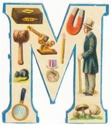 M: Streichhölzer, Magnet, Hammer, Mikroskop, Maus, Medaille, Mann, Lupe, Pilze