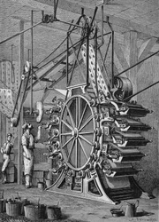 Maschine zum Drucken von Tapeten in 10 Farben, Gravur 19. Jahrhundert