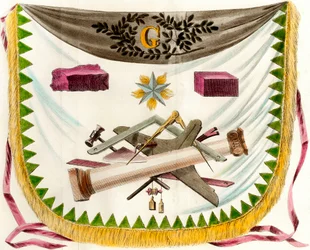 Freimaurer-Schurz, der einen Schurz mit Symbolen der Freimaurerei darstellt. Gravur des 19. Jahrhunderts Private Sammlung