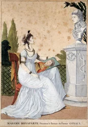 Madame Bonaparte zeichnet das Porträt des Ersten Konsuls Josephine de Beauharnais (1763-1814) vor der Büste ihres Mannes Napoleon Bonaparte (1769-1821). Anonymer Druck. 1799-1804 Malmaison, Musée du Château