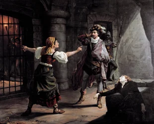 Manrico und Azucena sind im Turm des Aliaferia-Palastes eingesperrt, Leonora versucht, sie zu retten. Illustration für „Il trovatore“ von Giuseppe Verdi. Lithografie um 1880. Private Sammlung