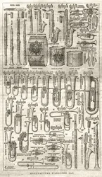 Herstellung von Adolphe (Adolph) Sax, Erfinder des Saxophons (1814-1894). Gravur in „Das illustrierte Universum“ von 1867