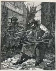 Herstellung von Stühlen: Stuhlgeflecht und -bespannung. Gravur von 1885 in „Les arts et métiers illustrés“ von Adolphe Bitard.