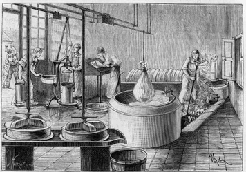 Herstellung von Gruyère: eine moderne Käserei. Stich in „La Nature: revue des sciences et de leurs applications aux arts et a l