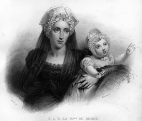 Marie-Caroline von Bourbon-Sizilien, Herzogin von Berry (1798-1870) im Witwenkleid, hält ihre Tochter Louise Marie Thérèse von Artois (1819-1864). Gravur von 1820