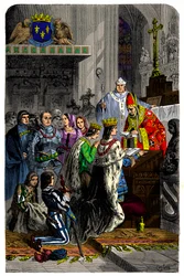 Heirat zwischen Karl VIII. (1470-1498) und Anne de Bretagne (1477-1514) am 13. Dezember 1491 im Schloss von Langeais (Gravur, 19. Jahrhundert)