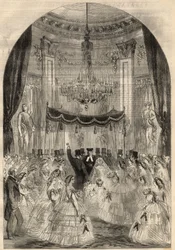 Hochzeit von Baron Alphonse de Rothschild (1827-1905) und Leonora de Rothschild (1837-1911). Die Braut lernte, ein Getränk auf den Boden zu werfen, die letzte Stufe einer jüdischen Hochzeit, genannt „zerbrochenes Glas“. Gravur in „The Illustrated London Ne