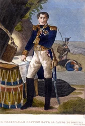 Marschall Laurent Marquis de Gouvion Saint Cyr (1764 bis 1830) in der Schlacht von Dresden 1813. Stich aus dem 19. Jahrhundert