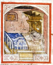 Paarungsszene. Miniatur aus Codex 212 (oder Padovano Codice oder Bibel von Padua) 1390-1400 Rovigo, Accademia dei Concordi