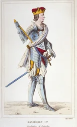 Maximilian I. (von Habsburg), Erzherzog von Österreich, König der Römer und deutscher Kaiser (1459 - 1519). Gravur von 1830
