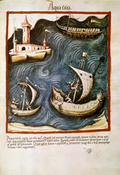 Medizinischer Handel: „Salzwasser“. Seite aus „Tacuinum sanitatis“ (Cod. ser. nov. 2644) um 1400. Wien, Österreichische Nationalbibliothek