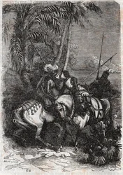 Treffen von Marphise, Astolphe und Sansonnet - Gravur von 1851 aus „Roland furieux“ (Orlando furioso) (16. Jahrhundert) von Ludovico Ariosto, bekannt als der Ariosta - Ausgabe übersetzt aus dem Italienischen von Graf von Tressan und veröffentlicht von Gust