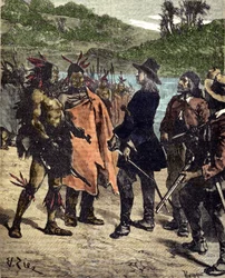 Treffen von Robert Cavelier de La Salle (1643-1687) mit den Indianern Amerikas. Gravur des 19. Jahrhunderts