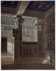 Memnonium Theben, Pl. 37: Farbige Innenansicht des Tempels des Westens - in „Ägyptische Altertümer“, sd. 19. Jahrhundert
