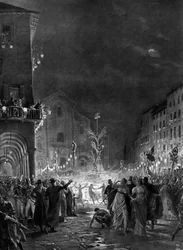 Mailänder Menge in Freude um den Freiheitsbaum, Symbol des Sieges über das Alte Regime, 05/1796. Gravur aus dem 19. Jahrhundert