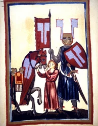 Miniatur des Codex "Manesse" oder "Manessesche Liederhandschrift", ein Manuskript, das zwischen 1300 und 1330 im Elsass für einen bedeutenden Zürcher erstellt wurde. Darstellung von Wolfram von Eschenbach, einem deutschen Dichter, der den Roman "Parzival" 