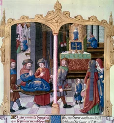 Wunder des heiligen Ludwig: König Ludwig IX. (1214-1270) heilt einen Gelähmten. Miniatur aus einem Manuskript „Das Buch der Taten von Monsignore Saint Louis“ 15. Jahrhundert. Paris, B.N.