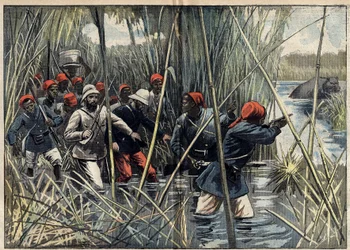 Mission Marchand (1896-1899) nach Faschoda (Sudan): Der französische Hauptmann Baratier (1864-1917) und seine Truppen rücken durch den Sumpf in Richtung Faschoda vor. (Nach dem Logbuch von Hauptmann Baratier). Illustration in „Le Pèlerin“ vom 6. November