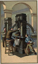 Münzpresse Chromolithographie Ende des 19. Jahrhunderts