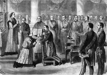 Monsignore Georges Darboy (1813-1871), Erzbischof von Paris, legt in den Händen von Napoleon III. in der Kapelle der Tuilerien 1863 einen Eid ab