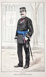 Herr Roudil, Friedensoffizier des Autodienstes. Farbradierung zur Illustration des Buches 