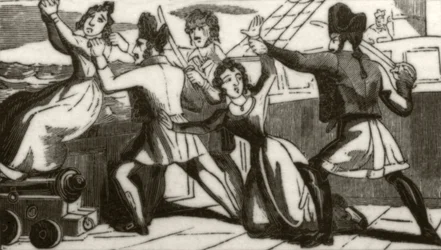 Mrs. Glass und ihre Tochter flehen die Piraten an, ihr Leben zu verschonen, ca. 1836
