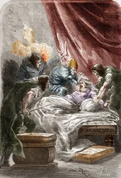 Ermordung von Galswintha (Galsuinde) (Galsuinte) (ca. 545-567), Königin der Franken in Neustrien und Gemahlin von Chilperich I. (König der Franken). Stich in „Histoire de France en cent tableaux“ von Paul Lehugeur, 1891.