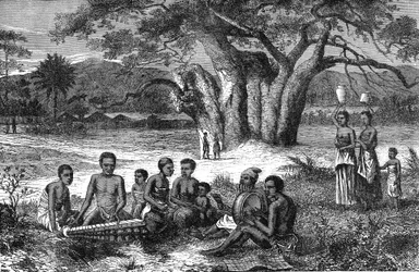 Musiker an den Ufern des Sambesi-Flusses, Afrika. Gravur 1885