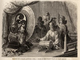 Musiker der päpstlichen Kapelle in Kyoto (oder Kioto), spielen fünf heilige Instrumente, Querflöte und Panflöte, Meeresmuschel, Pauken und Kakdaiko, der ursprüngliche Gong. Gravur zur Illustration der Reise nach Japan in den Jahren 1863-1864 von Aimé Humbe