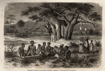 Musiker spielen Marimba (eine Mischung aus Balafon und präkolumbianischen Instrumenten) am Ufer des Sambesi-Flusses. Gravur zur Illustration von Dr. Livingstones ersten Reisen nach Südafrika von 1840 bis 1856, in „Le tour du monde, nouveau journal des voya