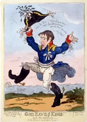 Napoleon I. singt „Es lebe der König“ zur Thronbesteigung von Ludwig XVIII. - in „Napoleon I.“, Karikaturensammlung