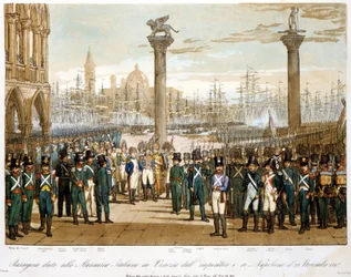 Napoleon I in Venedig am 29. November 1807 vor der italienischen Marine. Gravur von 1845