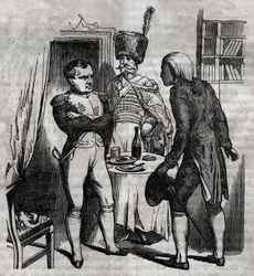 Napoleon I. in Anwesenheit von Jean Nicolas Corvisart (1755-1821) Arzt. Englische Gravur in „La Santé Universelle - Guide Médical des Familles“ 1852