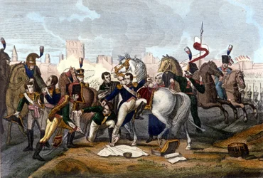 Napoleon I. verwundet vor Regensburg am 23. April 1809. Gravur des 19. Jahrhunderts