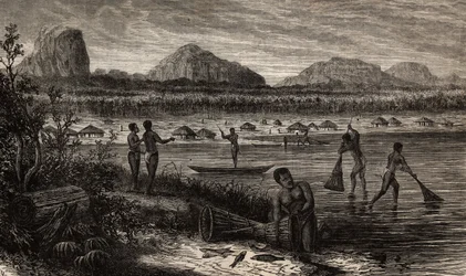 Nahe den Katarakten des Rovuma (Mosambik), die Fischfangaktivitäten. Gravur zur Illustration von Dr. Livingstone