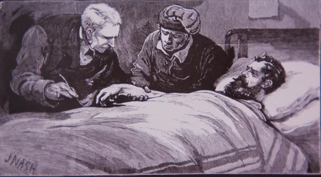 Ned Kelly liegt verwundet im Gefängniskrankenhaus in Melbourne, nachdem er am 28. Juni 1880 von der Polizei gefangen genommen wurde