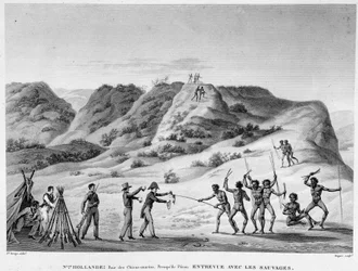 Neuholland, Bucht der Meereshunde, Peron-Halbinsel: Begegnung mit den Indianern (Begegnung zwischen Aborigines und Siedlern) - Gravur, Anfang 19. Jahrhundert