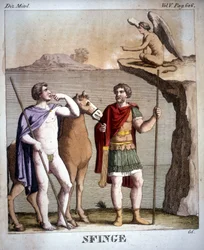 Ödipus und die Sphinx - im „Dizionario mitologico“, Gravur des 19. Jahrhunderts, Bibliothek di Brera, Mailand.