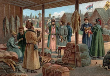 Alte Einkaufszentren: Pelzmesse in Nowgorod (Weliki Nowgorod), Russland im 19. Jahrhundert. Chromolithographie aus dem späten 19. Jahrhundert.