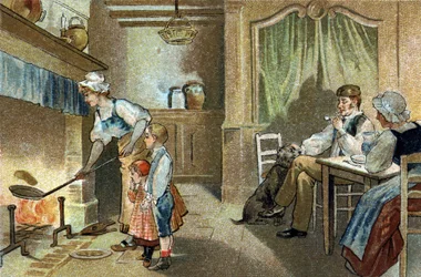Alte Tradition im Berry: Kerzenpfannkuchen. Chromolithographie aus dem späten 19. Jahrhundert.