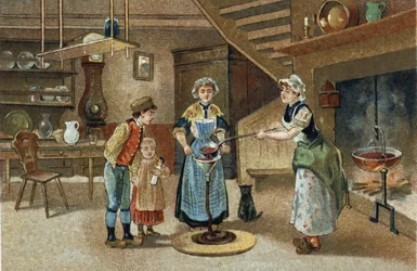 Altes Brauchtum im Dauphiné: La boudinée. Chromolithographie aus dem späten 19. Jahrhundert