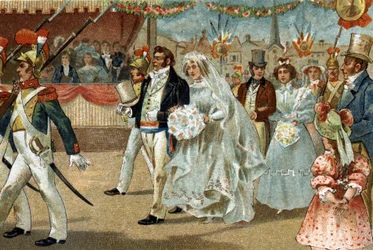 Alte Tradition in der Île-de-France: die Rosière von Nanterre. Chromolithographie aus dem späten 19. Jahrhundert.